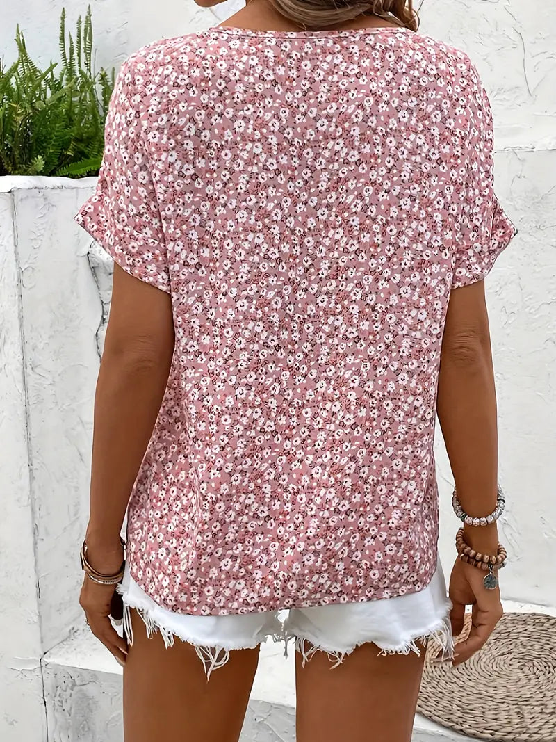 Women's Linen Floral Print V Neck Short Sleeve Button Up Blouse