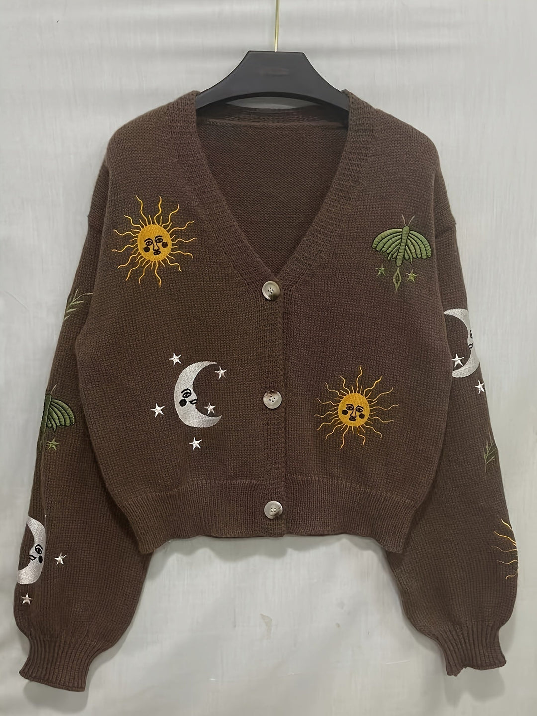Women's Wool Sweater Embroidered Knit Jumper V-Neck Cardigan
