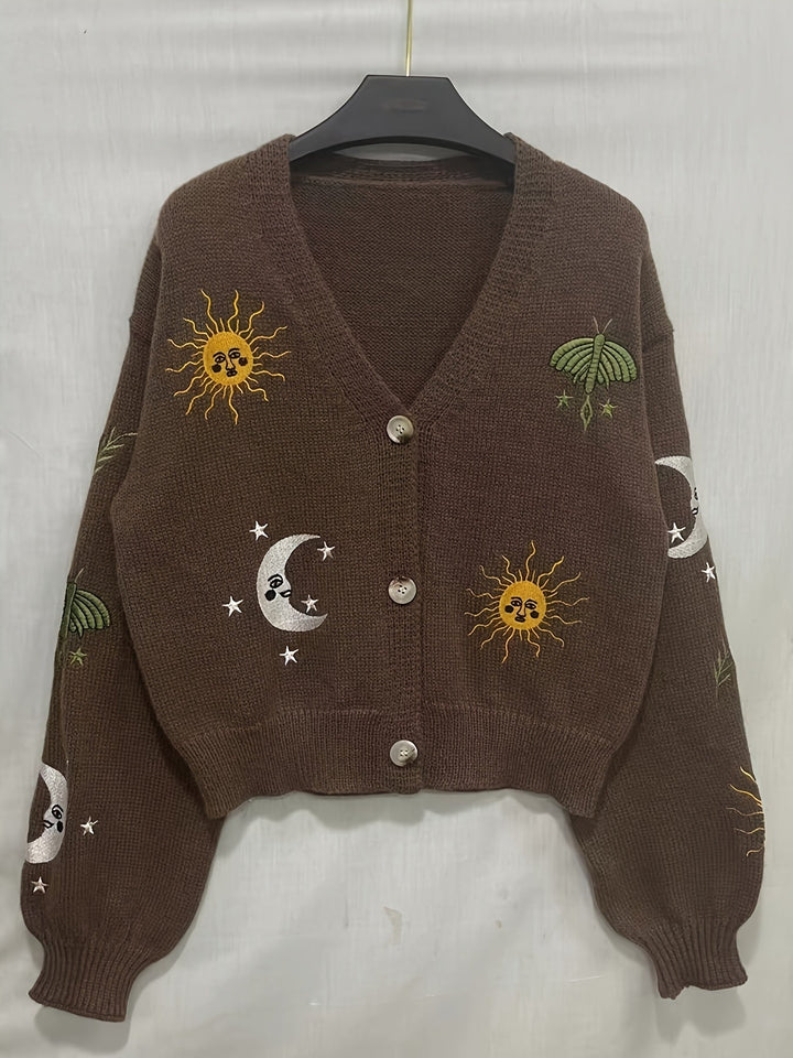 Women's Wool Sweater Embroidered Knit Jumper V-Neck Cardigan