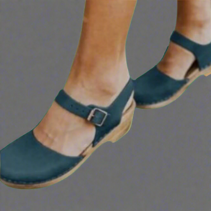 Women's Wooden-Sole Buckle-Strap Leather Platform Sandals