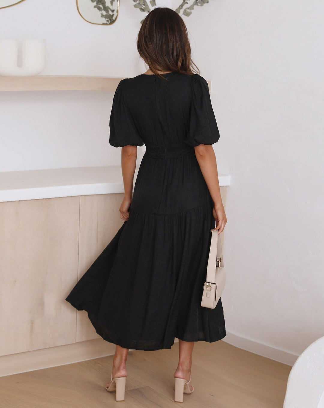 Women's Linen Blend Puff Sleeve Tiered V Neck Midi Wrap Dress