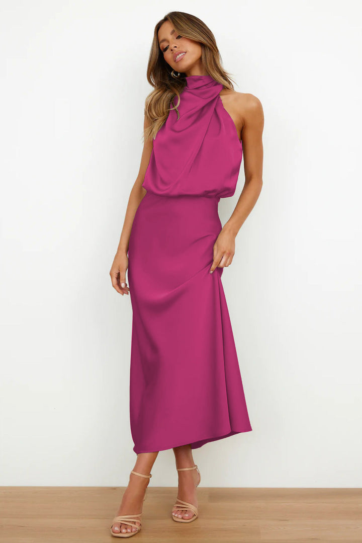 Women's Silk Satin High Neck Halter Midi Dress
