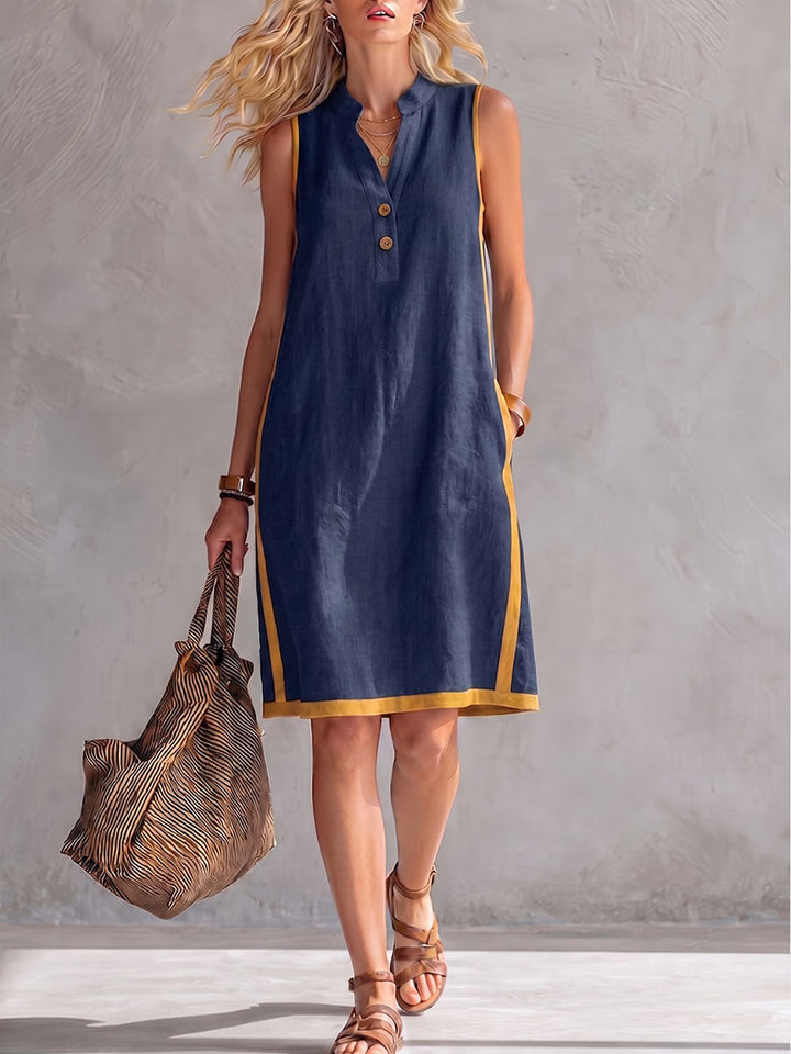 Women's Linen Shift Dress Sleeveless V-Neck Tunic Casual Sundress