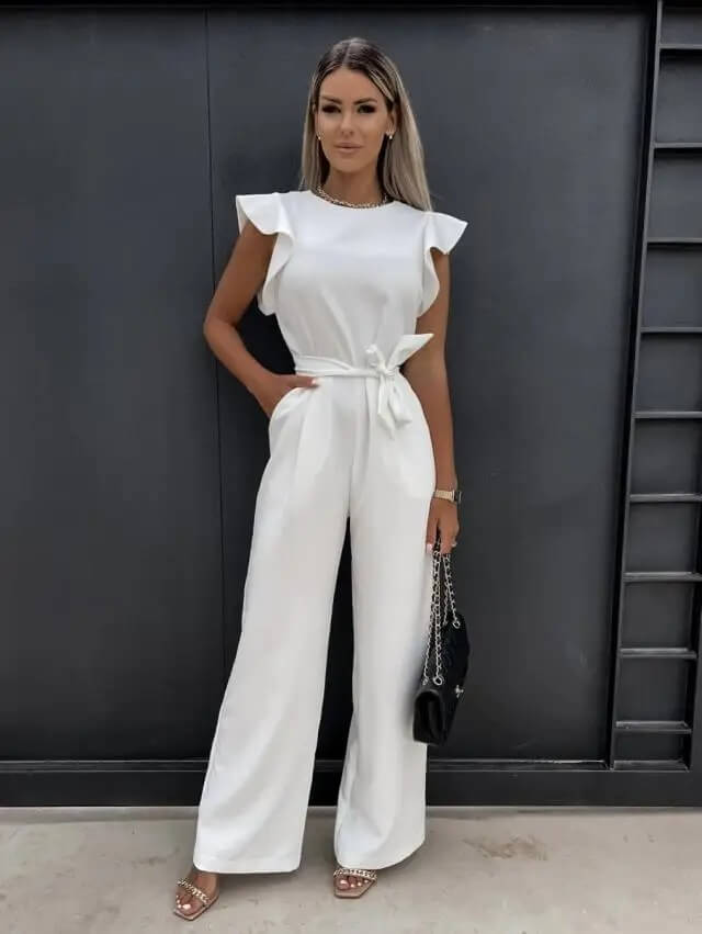 Women's Linen Ruffle Sleeve Belted Jumpsuit Wide Leg