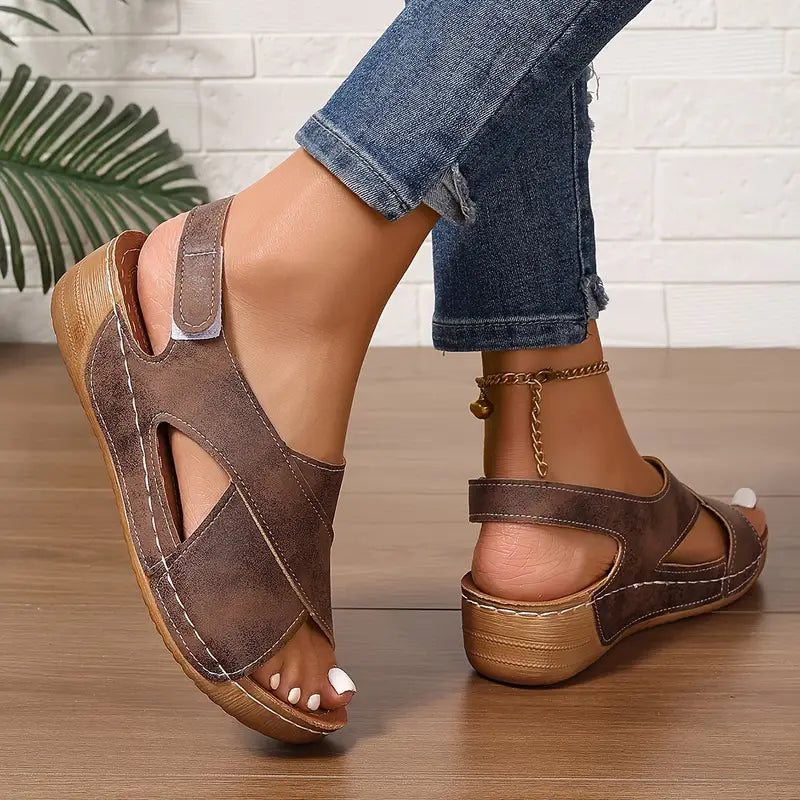 Women’s Leather Orthopedic Cross-Strap Slingback Wedges