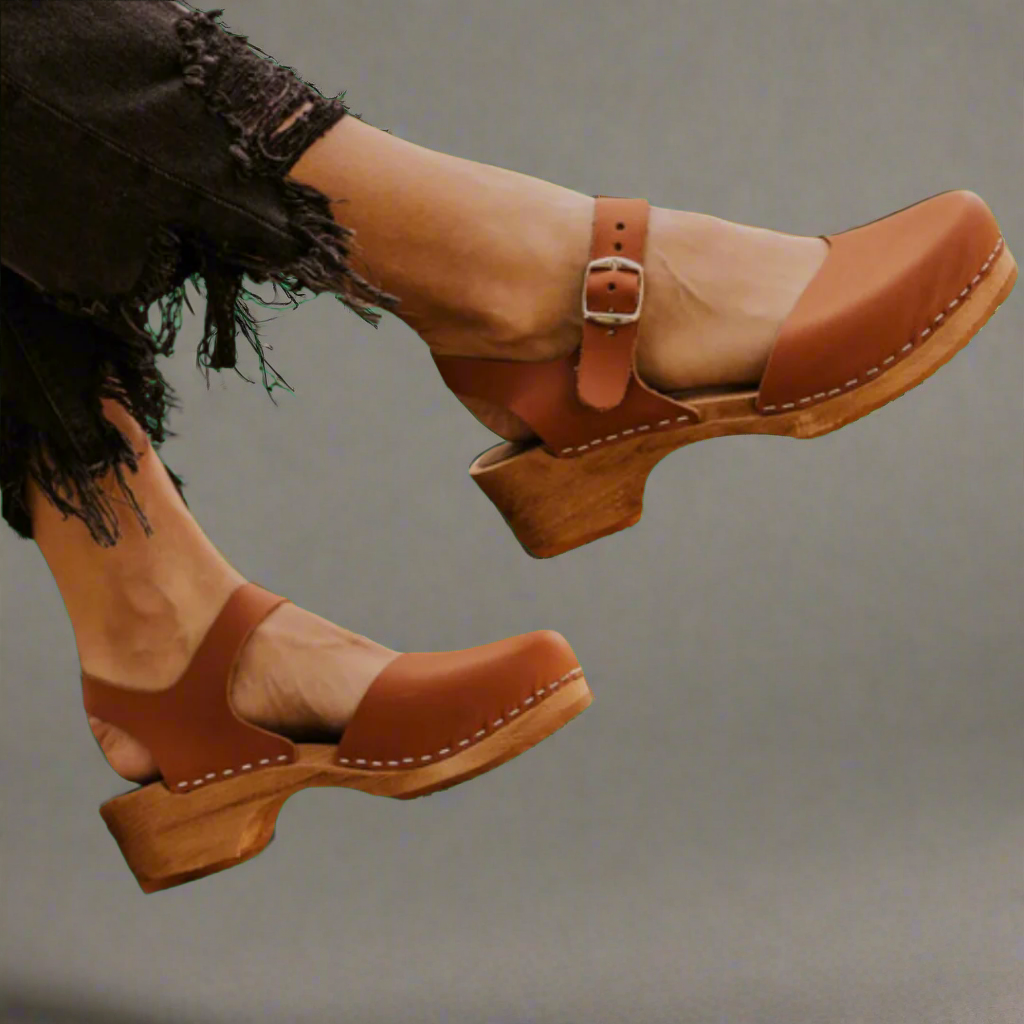 Women's Wooden-Sole Buckle-Strap Leather Platform Sandals