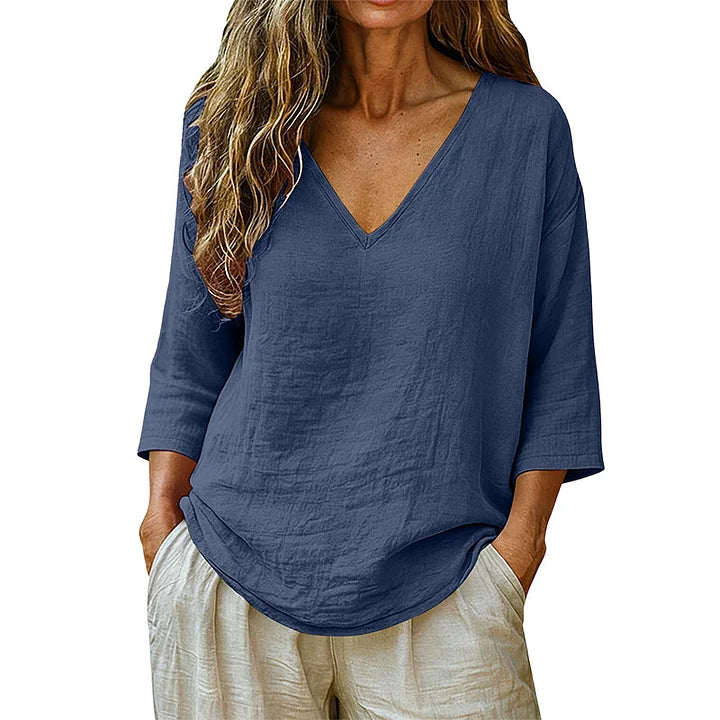 Women's V-Neck Linen Blouse Long Sleeve Top
