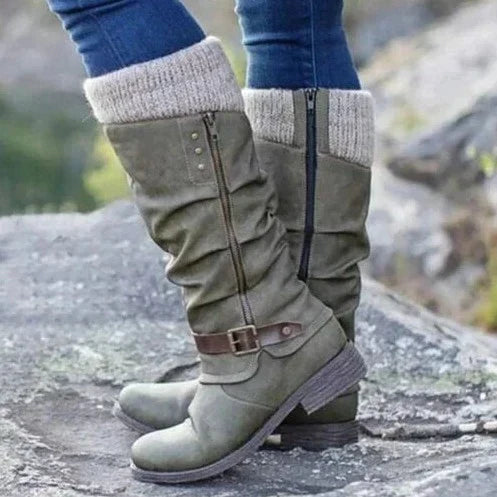 Women's Leather Slouch Boots Mid Calf Knit Cuff
