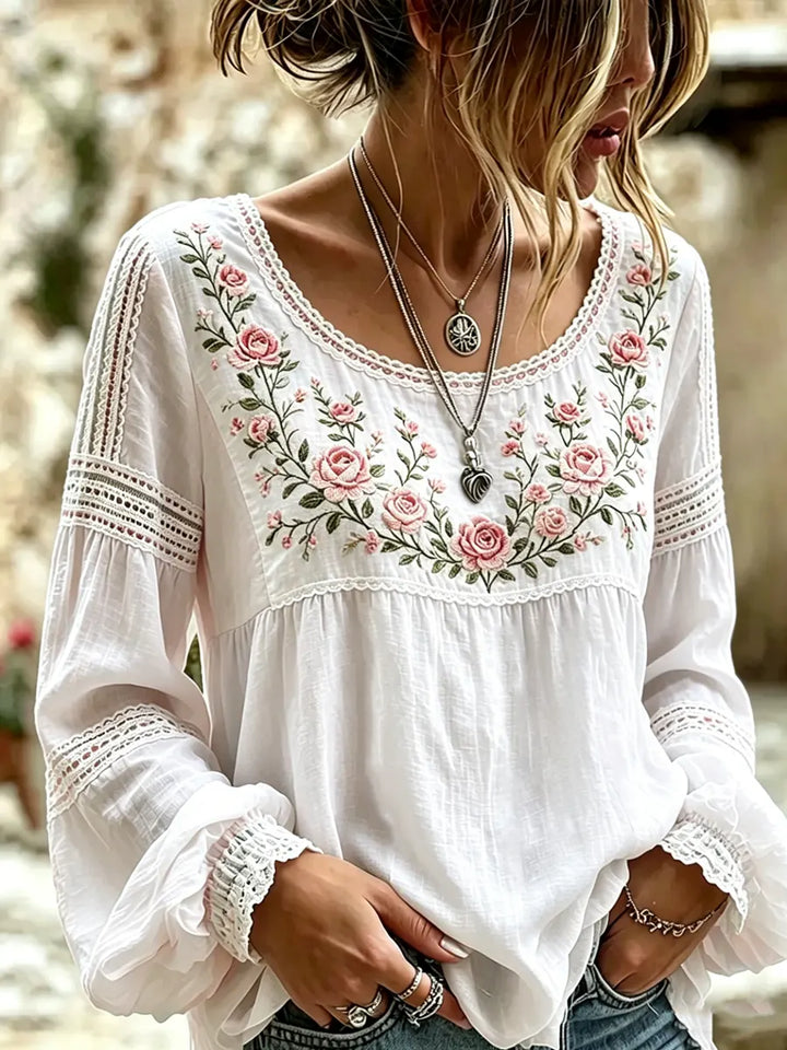 Women's Embroidered Linen Blouse Long Sleeve Casual Top