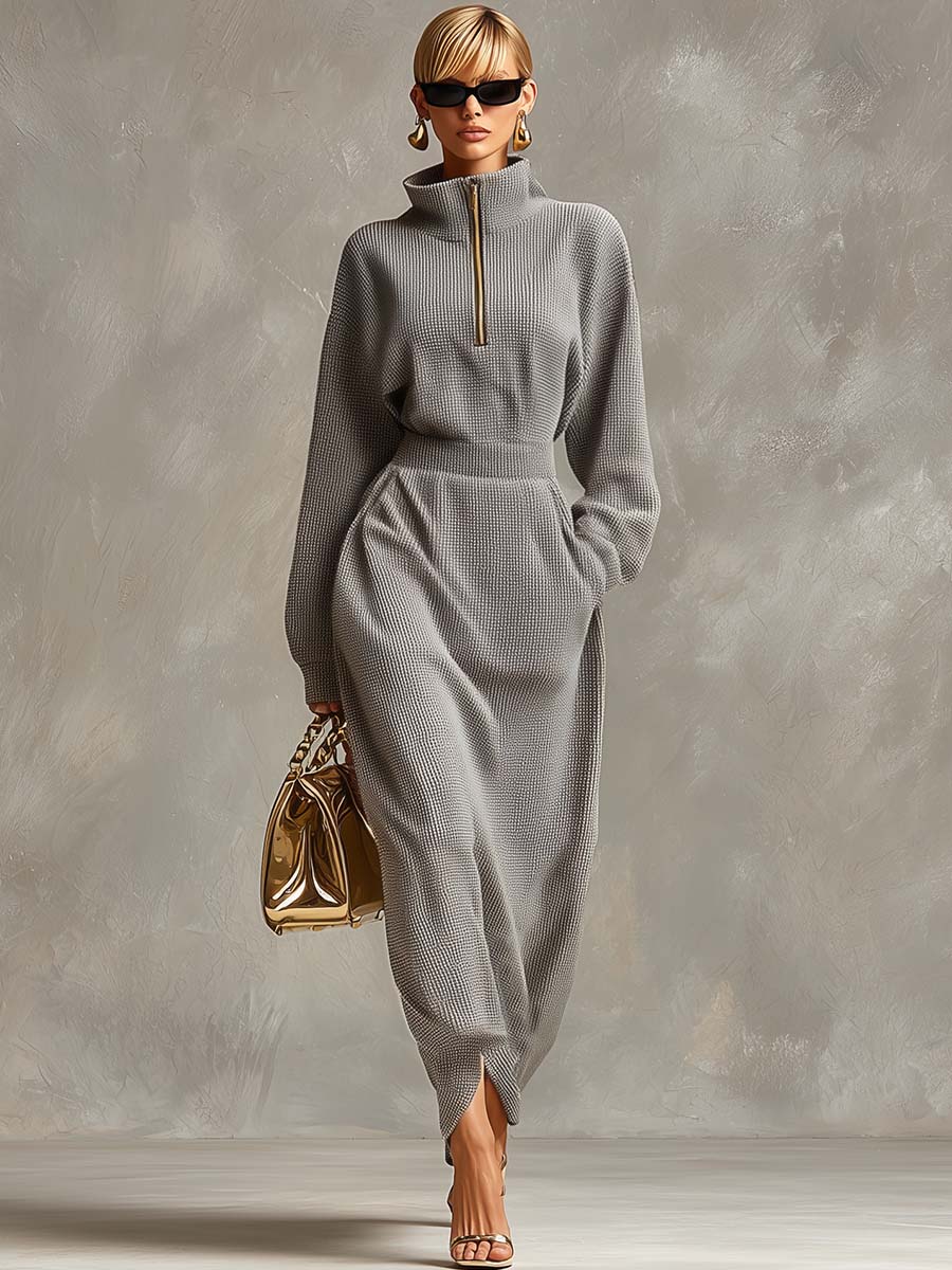Women's Knit Sweater Half Zip High Neck Maxi Dress
