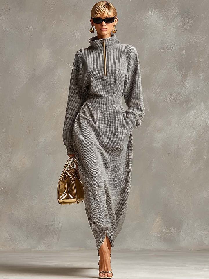 Women's Knit Sweater Half Zip High Neck Maxi Dress