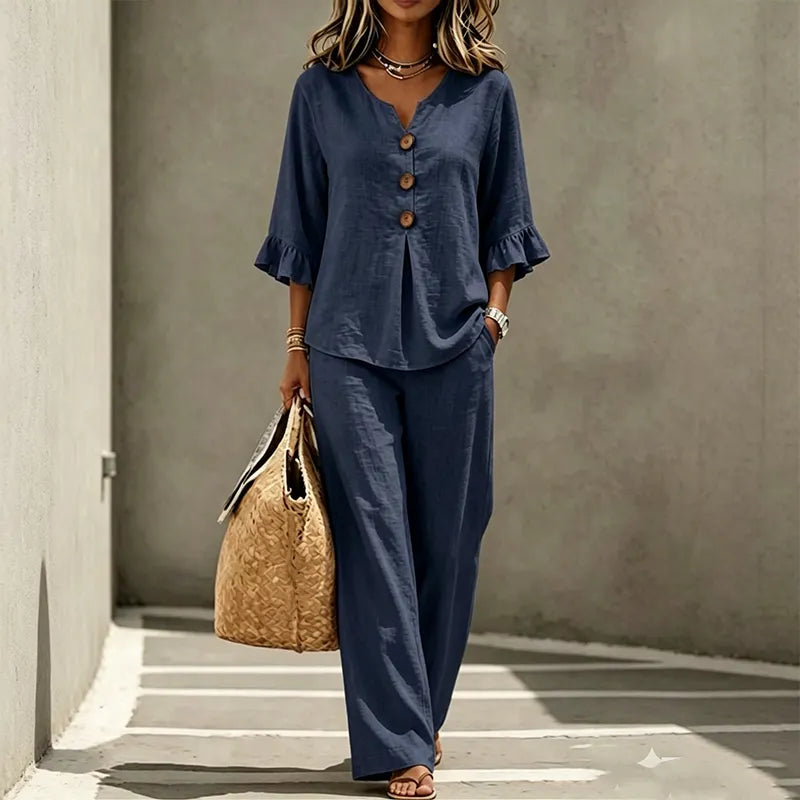 Women's Linen Blend Two Piece Set Casual Wide Leg Outfit