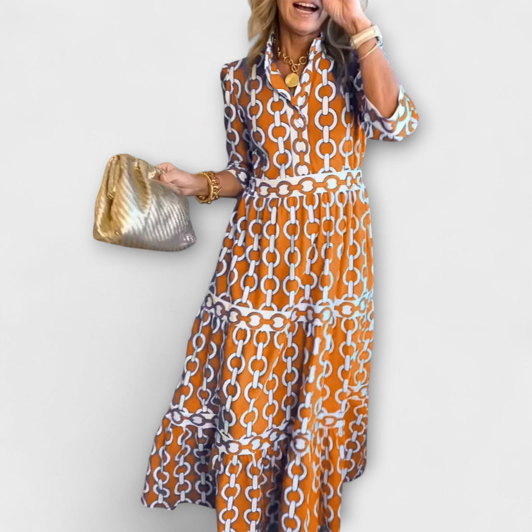Women's Satin Button-Front Chain-Print Midi Dress