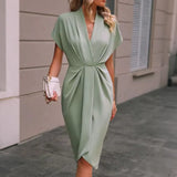 Women's Satin V-Neck Batwing Sleeve Cocktail Midi Wrap Dress