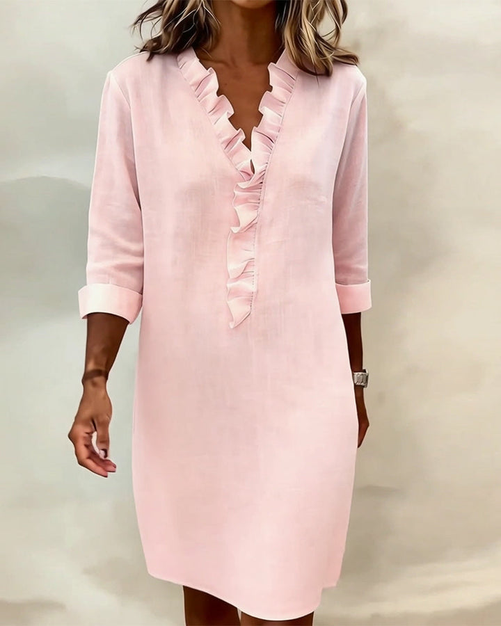 Women's Linen Dress Casual V Neck Tunic Shift Long Sleeve Shirt