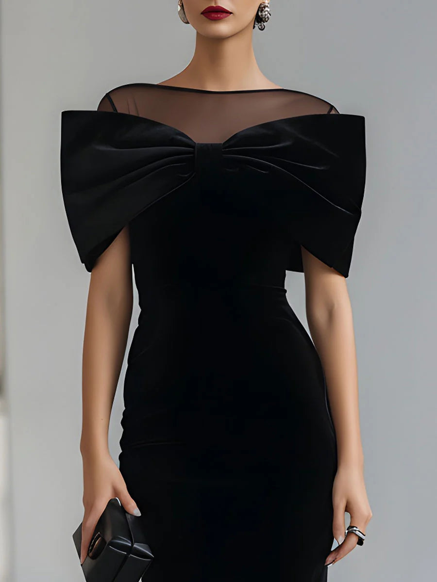 Women's Velvet Off-Shoulder Bow Midi Formal Evening Dress