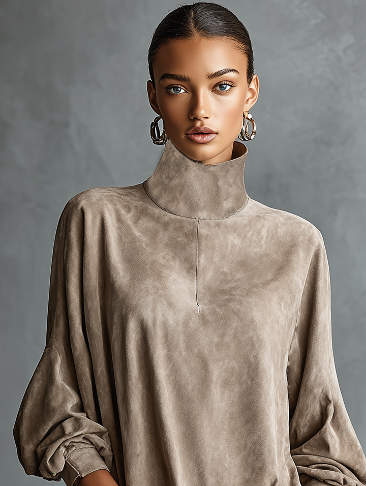 Women's Faux Suede Turtleneck Long Sleeve Mini Dress