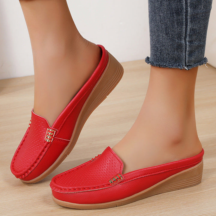 Women's Leather Mules Wedge Loafers Slip On Shoes