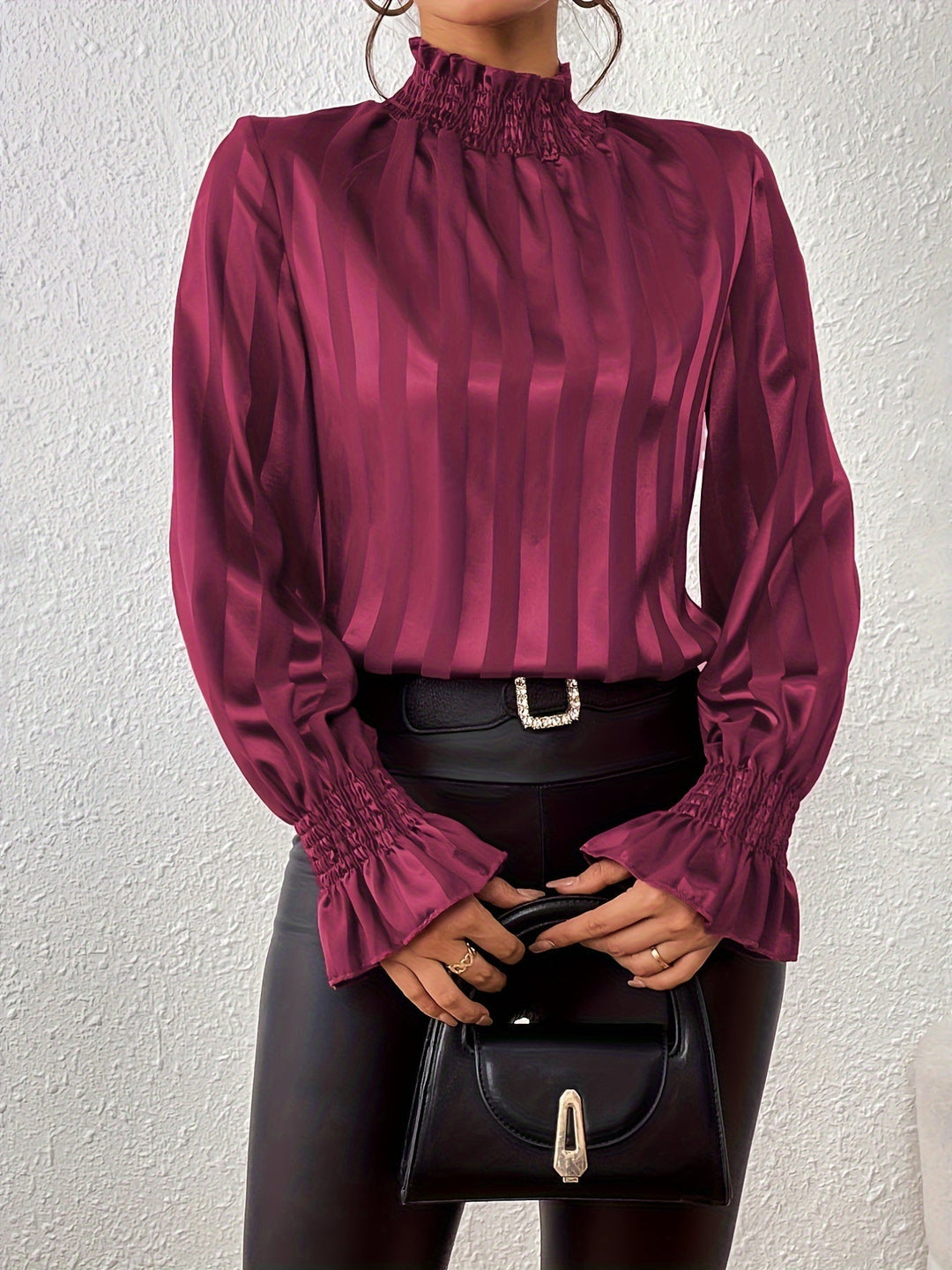 Women's Silk Blouse High Neck Long Sleeve Striped Satin Top