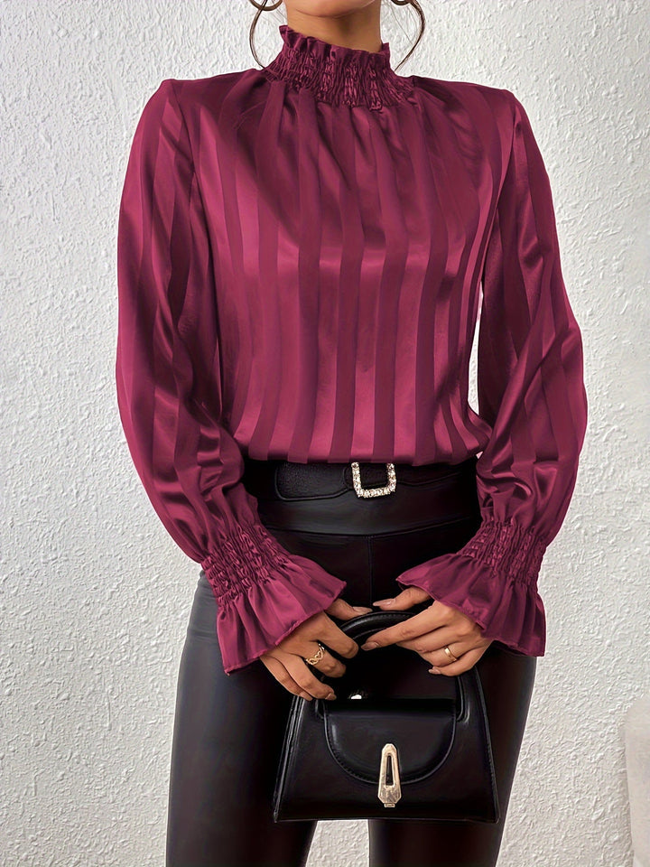 Women's Silk Blouse High Neck Long Sleeve Striped Satin Top