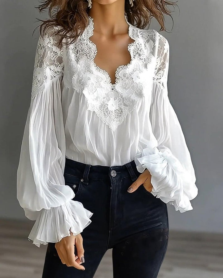Women's Lace V-Neck Blouse Chiffon Long Sleeve Top