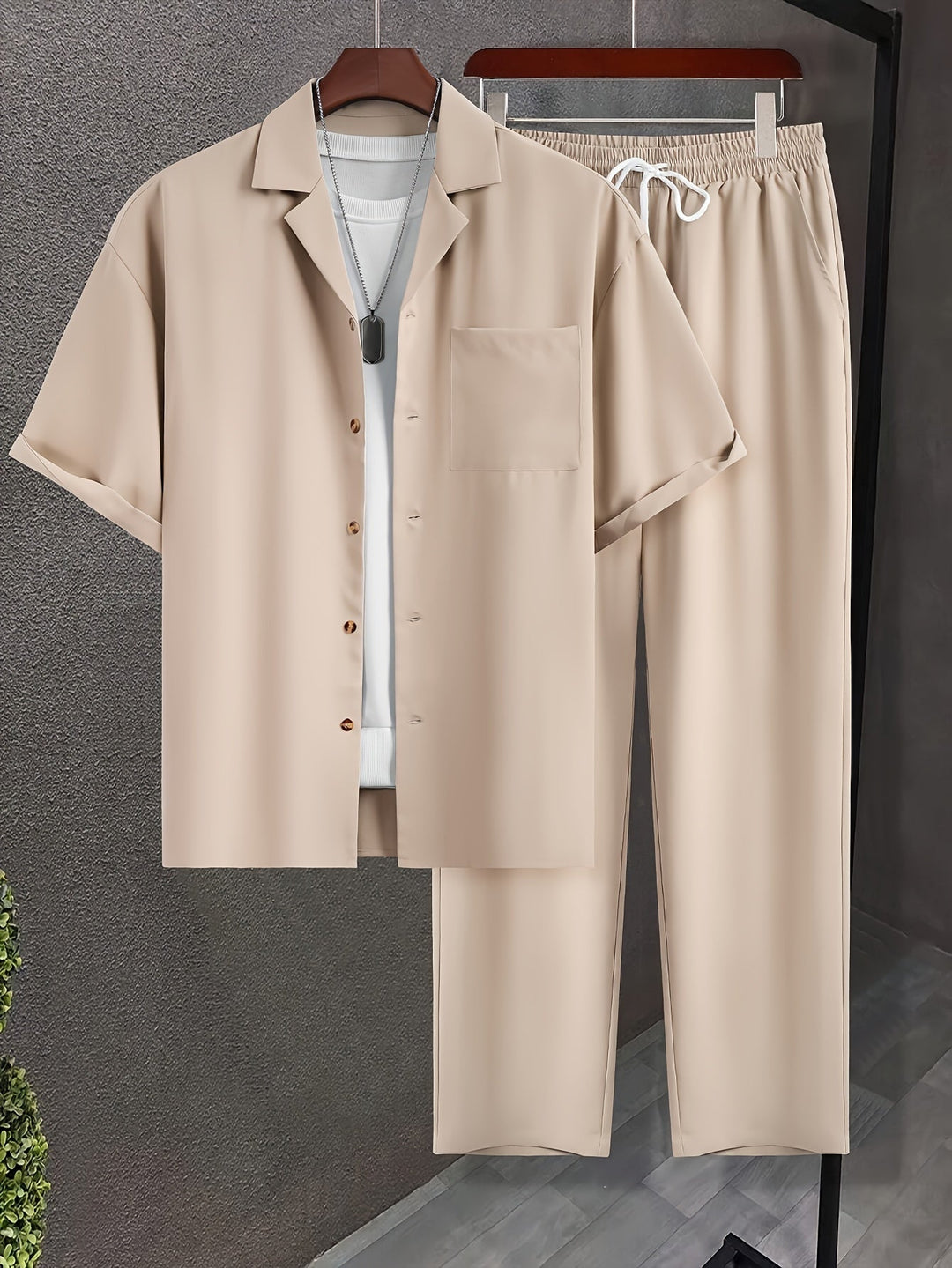 Men's Linen Blend Short Sleeve Shirt and Trousers 2-Piece Set