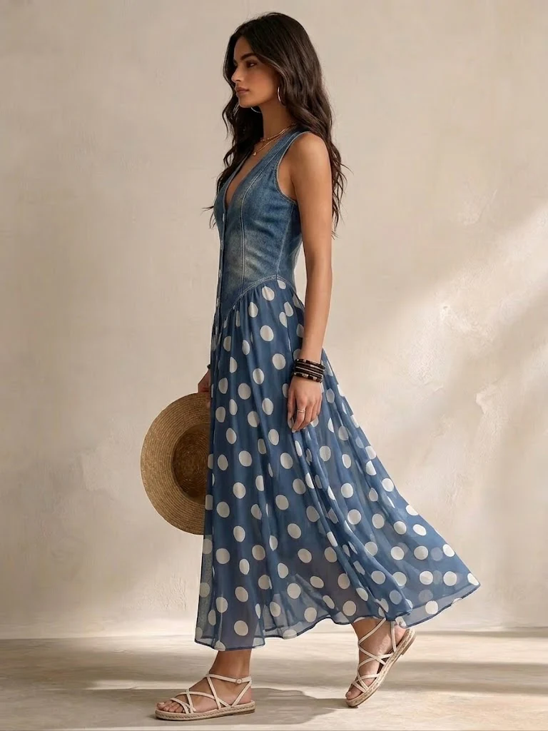 Damska sukienka maxi z denimu w kropki, szyfonowa sukienka midi na lato