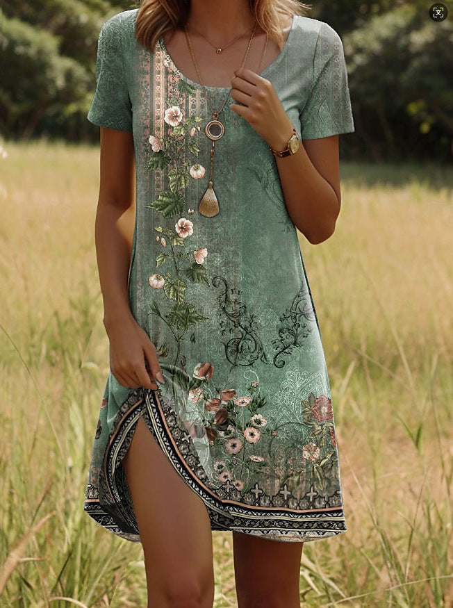 Women's Linen Blend Scoop-Neck Short-Sleeve Printed Dress