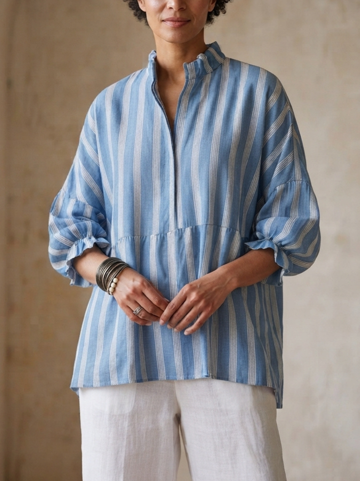 Women's Striped V-Neck Ruffle Trim Lantern Sleeve Top