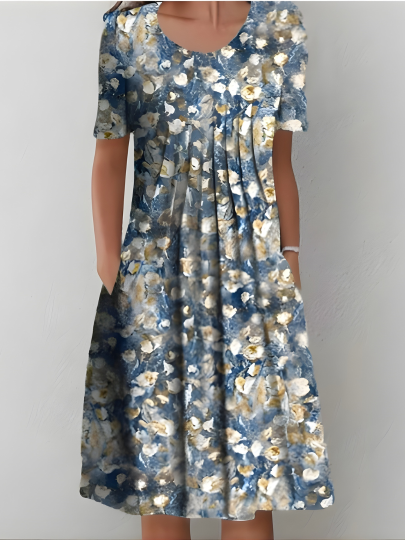 Women's Linen Floral Sundress Casual Short Sleeve Midi Dress