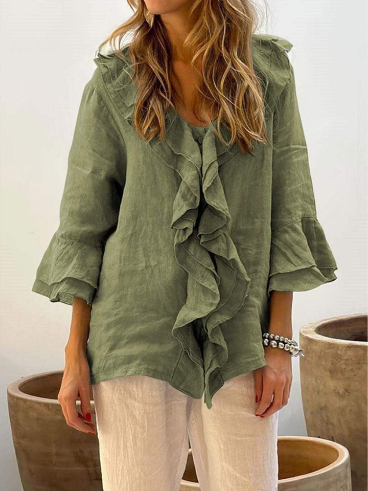 Women's Linen Ruffle Blouse and Wide Leg Trousers Pants