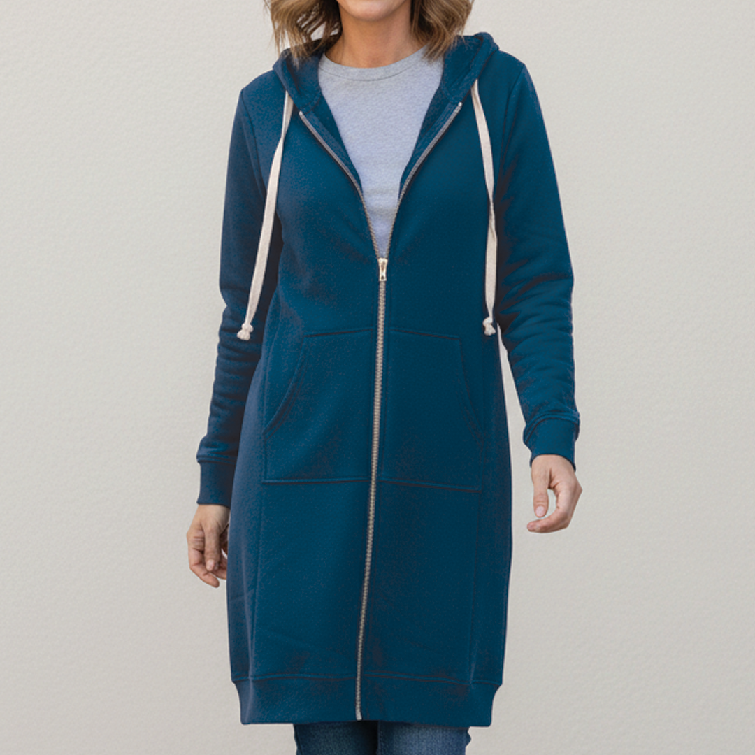 Women's Fleece Longline Zip Up Hoodie Jacket Coat Sweatshirt