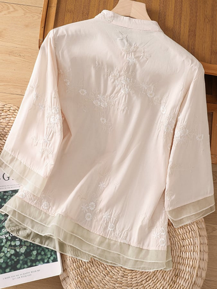 Women's Embroidered Silk Blouse Lightweight Floral Mesh Shirt Tunic