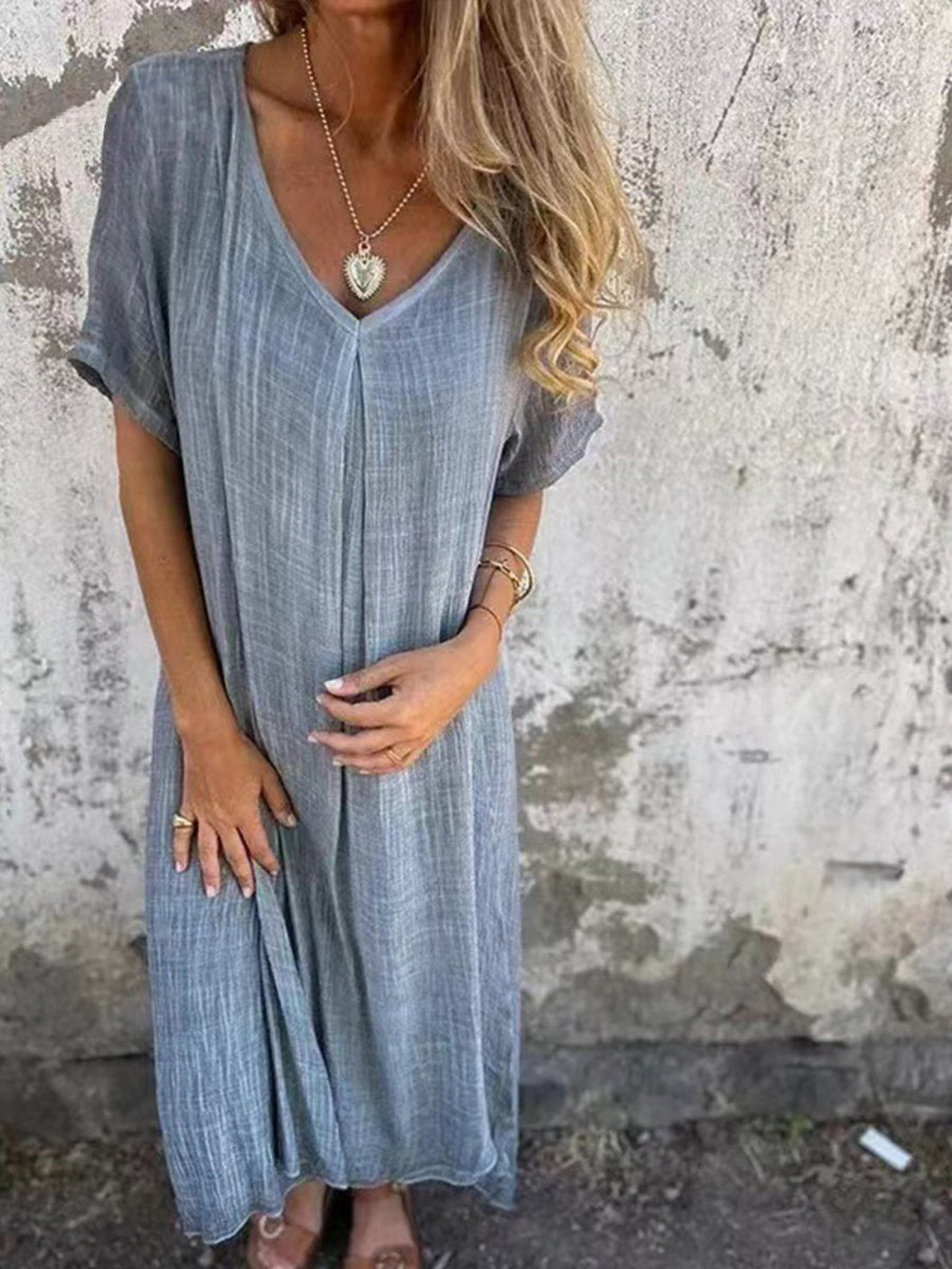Women's Linen V-Neck Maxi Dress Short Sleeve Loose Fit Kaftan Style