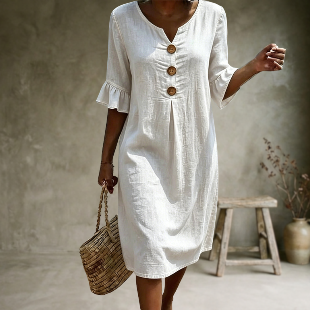 Linen V Neck Flute Sleeve Midi Dress for Women