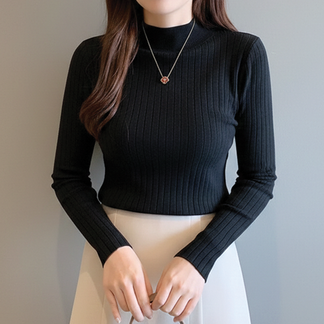 Women's Mock Neck Ribbed Knit Merino Wool Long Sleeve Jumper