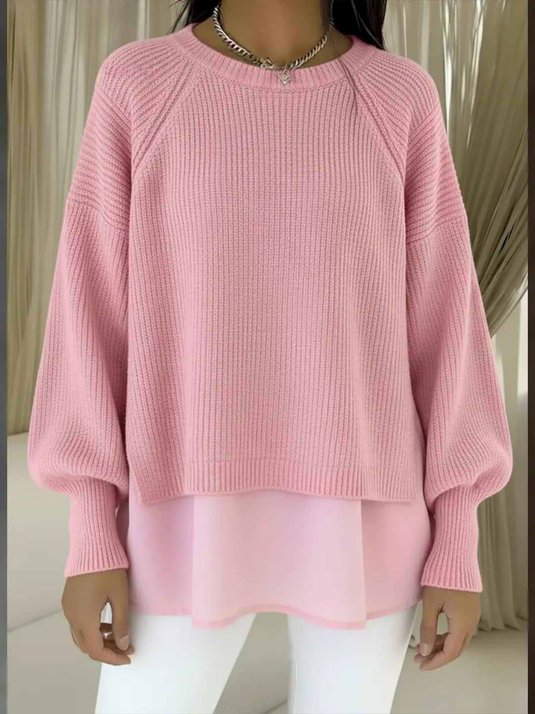 Women's Two-Piece Patchwork Knit Sweater Lantern Sleeve