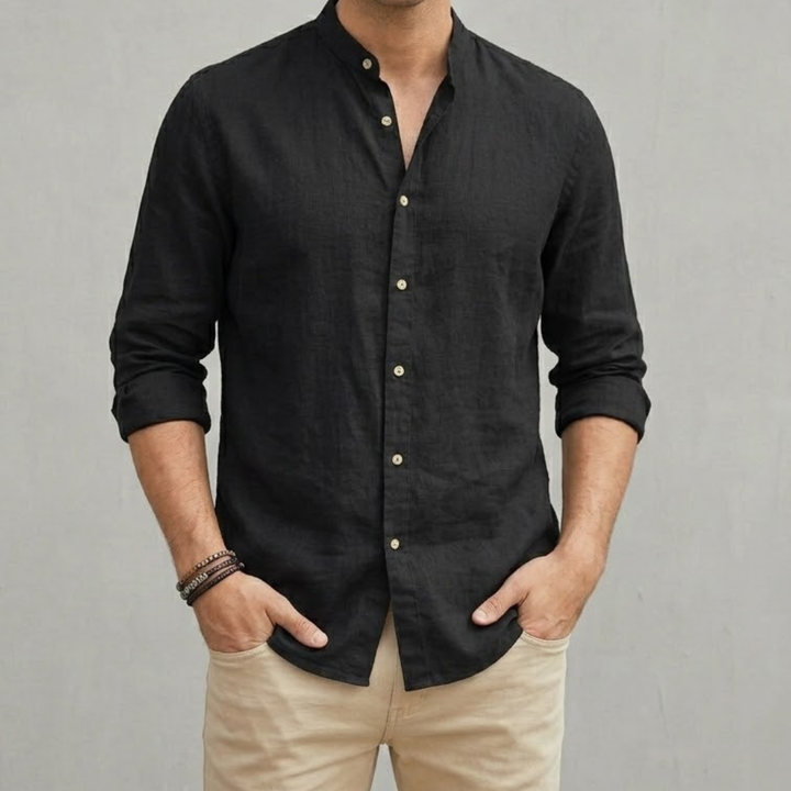 Linen Shirt Men's Grandad Collar Long Sleeve Casual Top