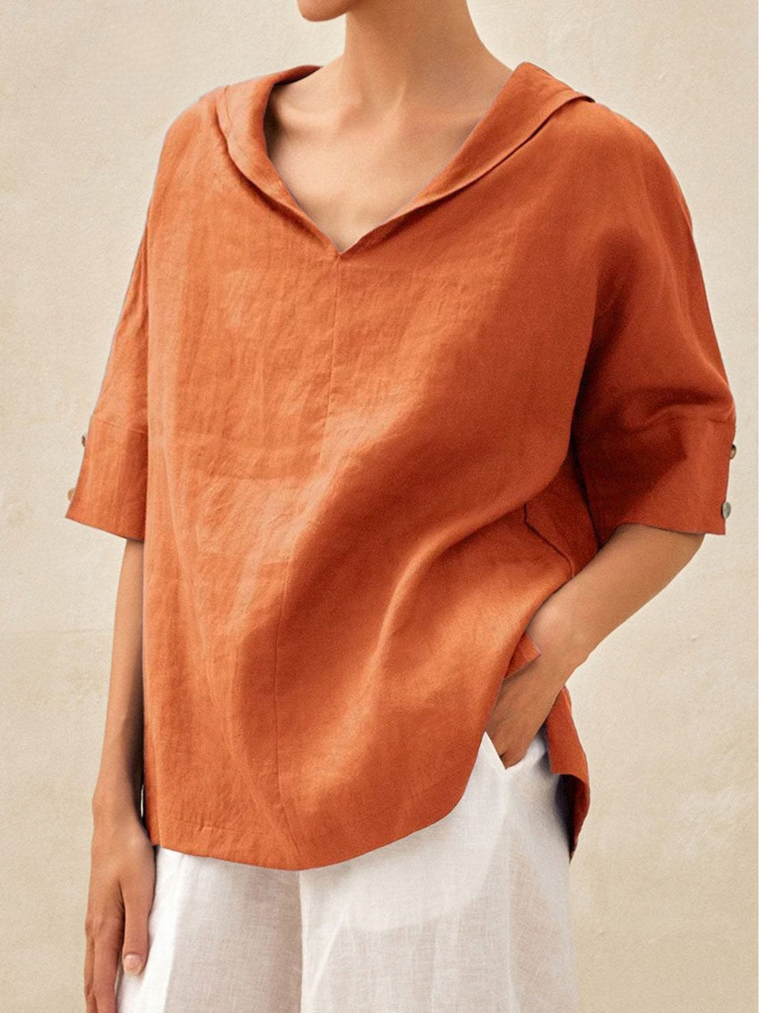 Women's Linen Blouse V-Neck Casual Loose Tunic Top