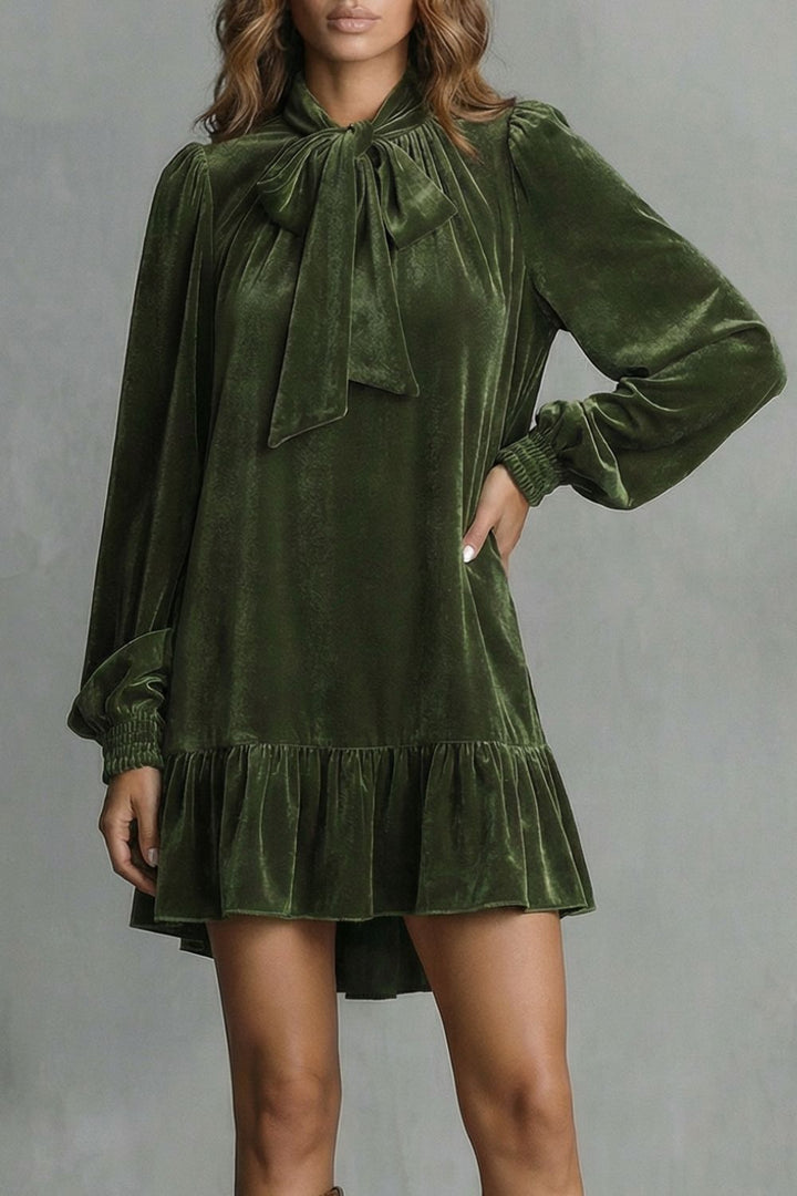 Women’s Velvet Bow-Tie Neck Long-Sleeve Mini Dress