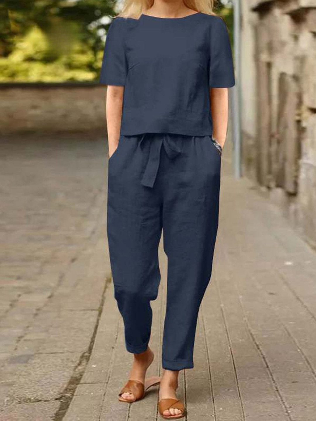 Women's Linen Two Piece Set Short Sleeve Top and Trousers Outfits