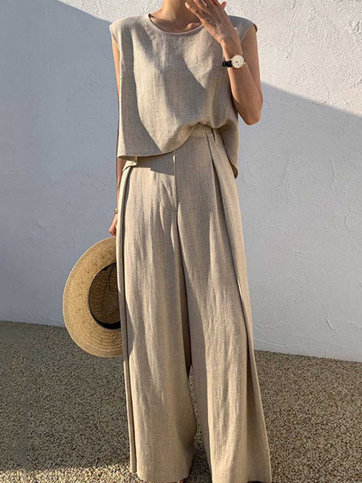 Linen Two Piece Set Women Wide Leg Trousers and Sleeveless Top