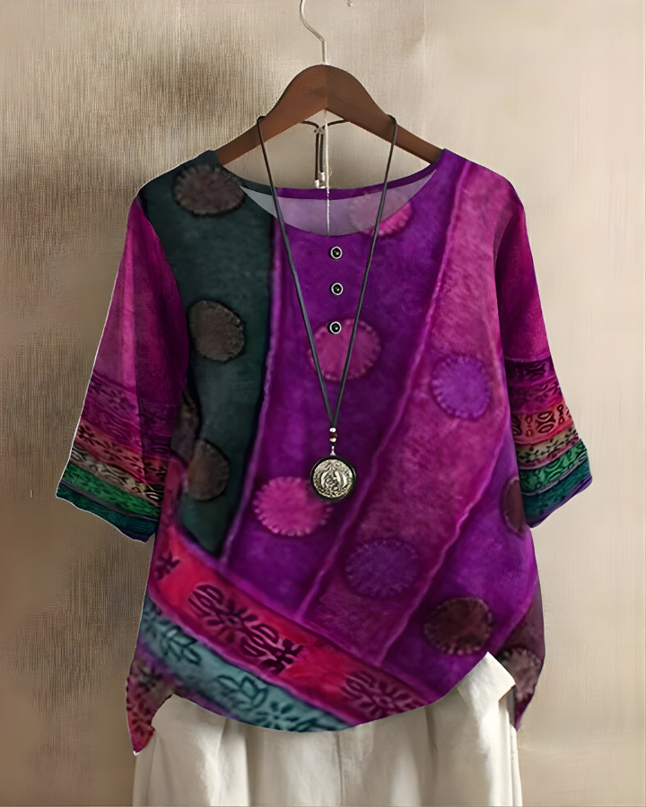 Damska lniana tunika w stylu vintage boho, drukowana bluzka