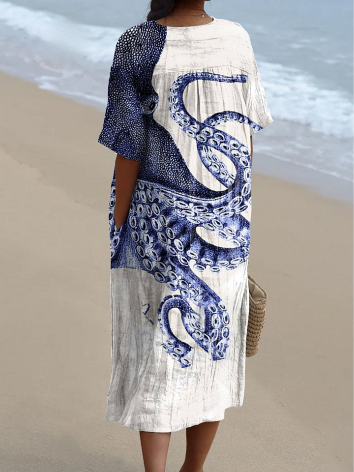 Women’s Linen Octopus Print V-Neck Midi Dress Maxi Kaftan Relaxed Fit
