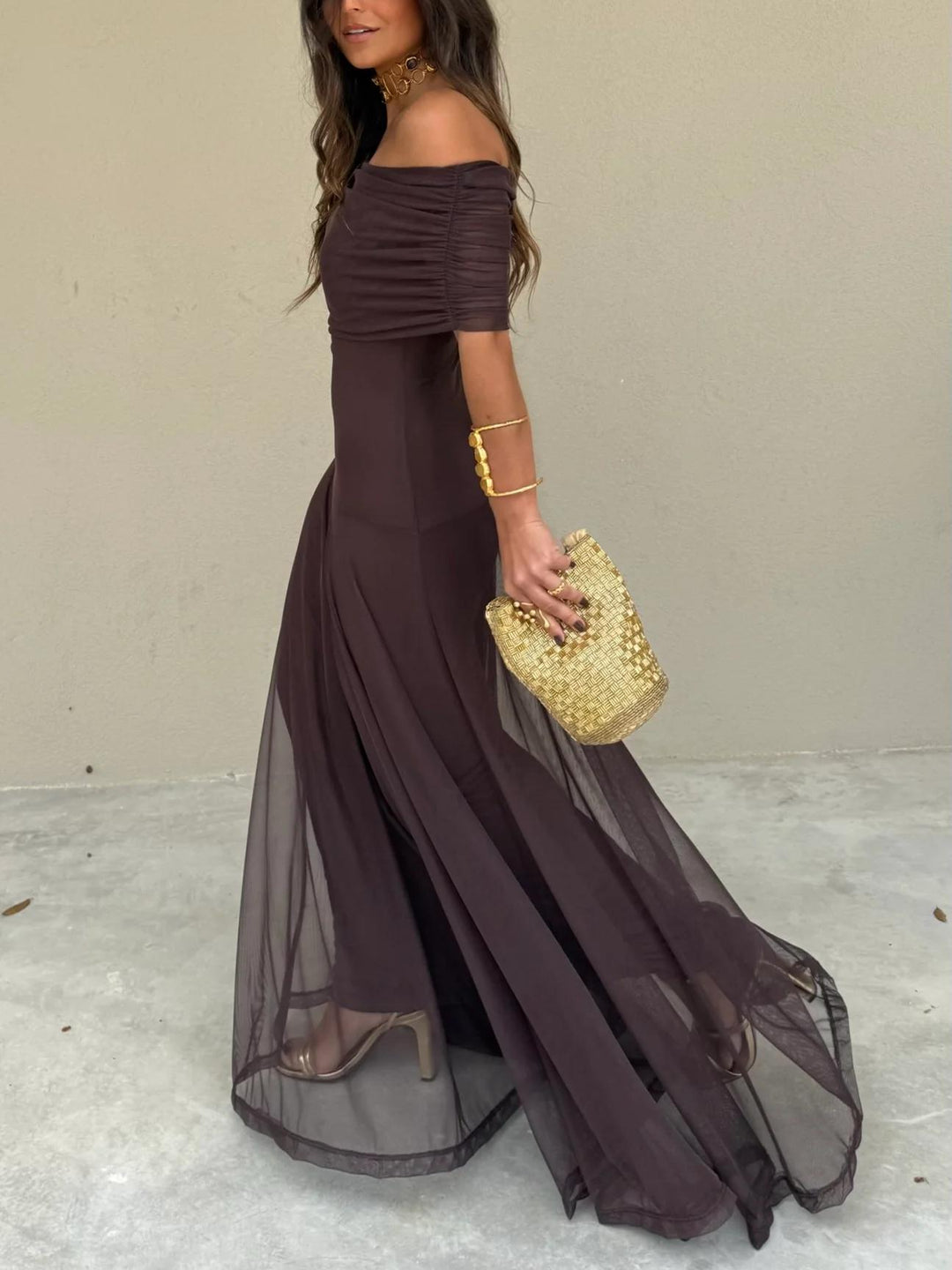Women's Off Shoulder Chiffon A Line Party Evening Maxi Dress