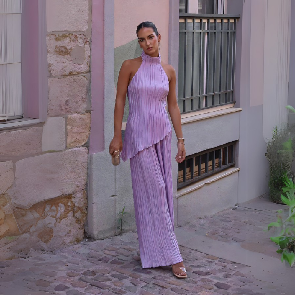 Women’s Linen Blend Halter Top & Wide-Leg Trouser Set
