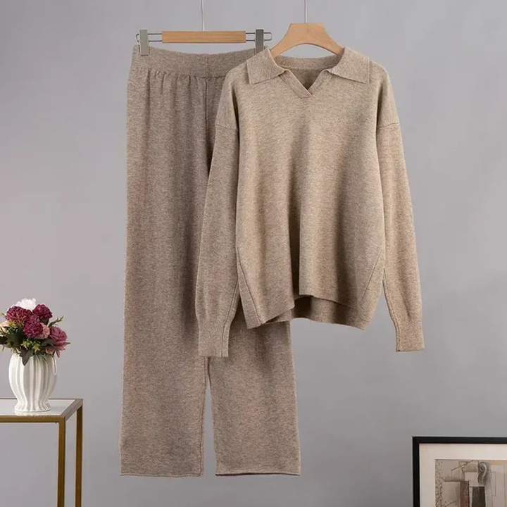 Women's Knit Collar Sweatshirt & Wide Leg Pants Two Piece Set