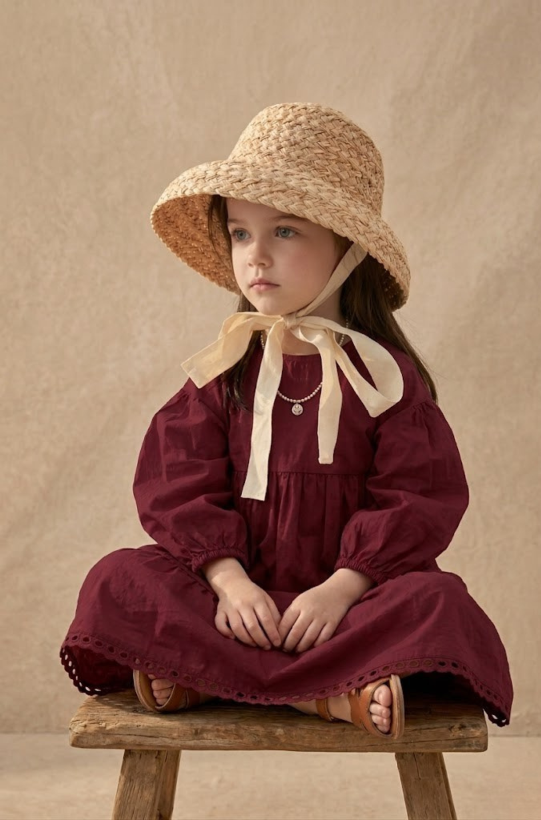 Girls Straw Sun Hat with Ribbon Chin Strap Wide Brim Kids Beach Hat