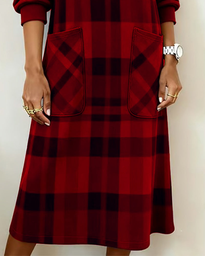 Women's Knit Round-Neck Plaid Shift Dress