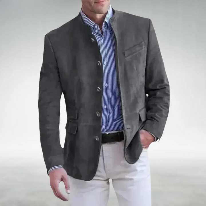 Men's Suede Leather Stand Collar Blazer Jacket